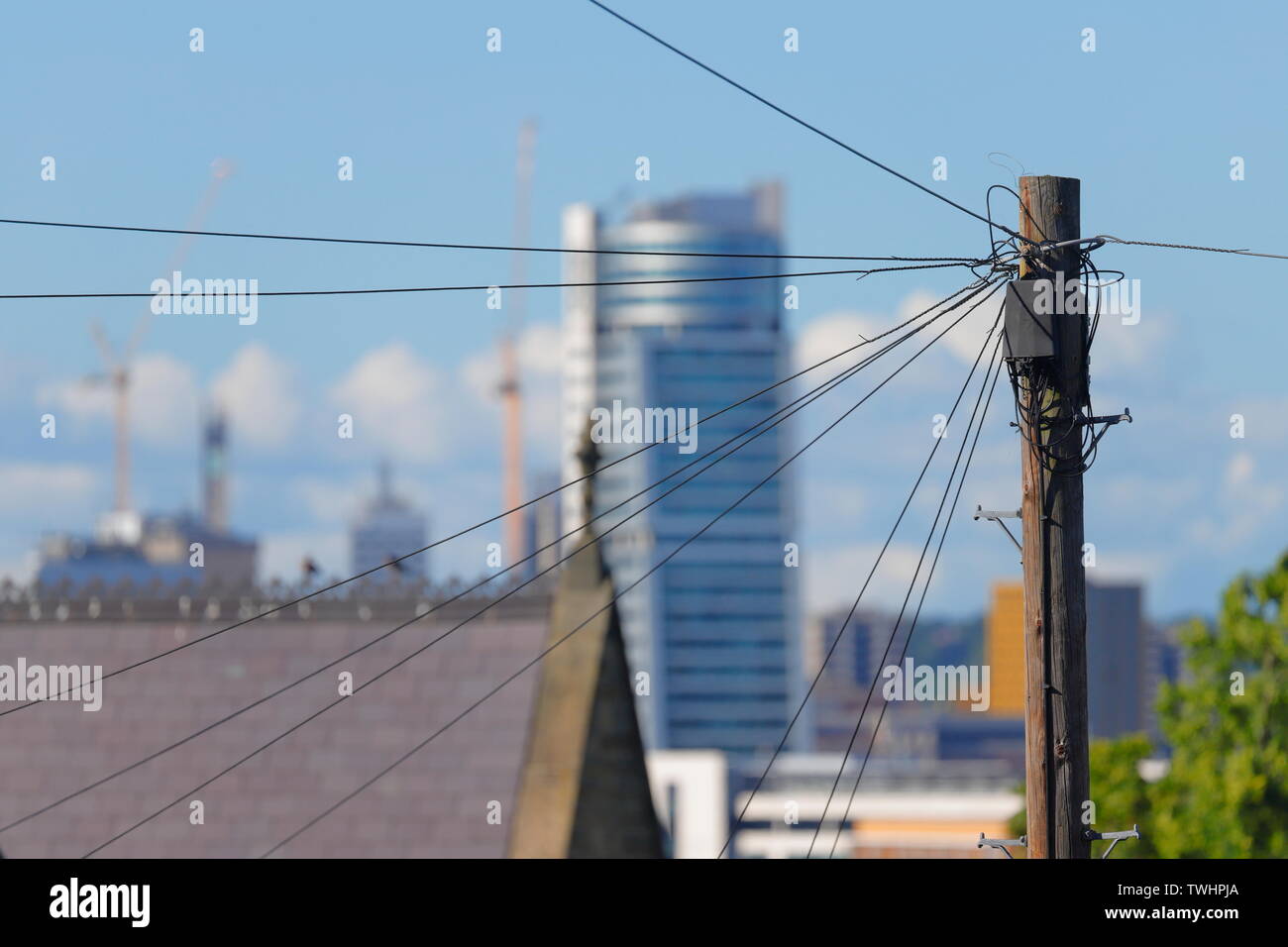 Un palo del telegrafo con i fili del telefono Foto Stock