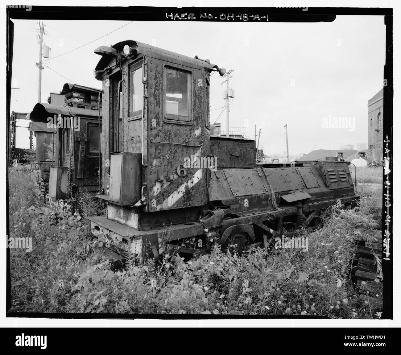 Shuntare la locomotiva con -6 -3 e -7 dietro. Guardando a nord-est. - Pennsylvania minerale ferroviaria Dock, shuntare i locomotori, il Lago Erie a Isola di whiskey, Cleveland, Cuyahoga County, OH Foto Stock