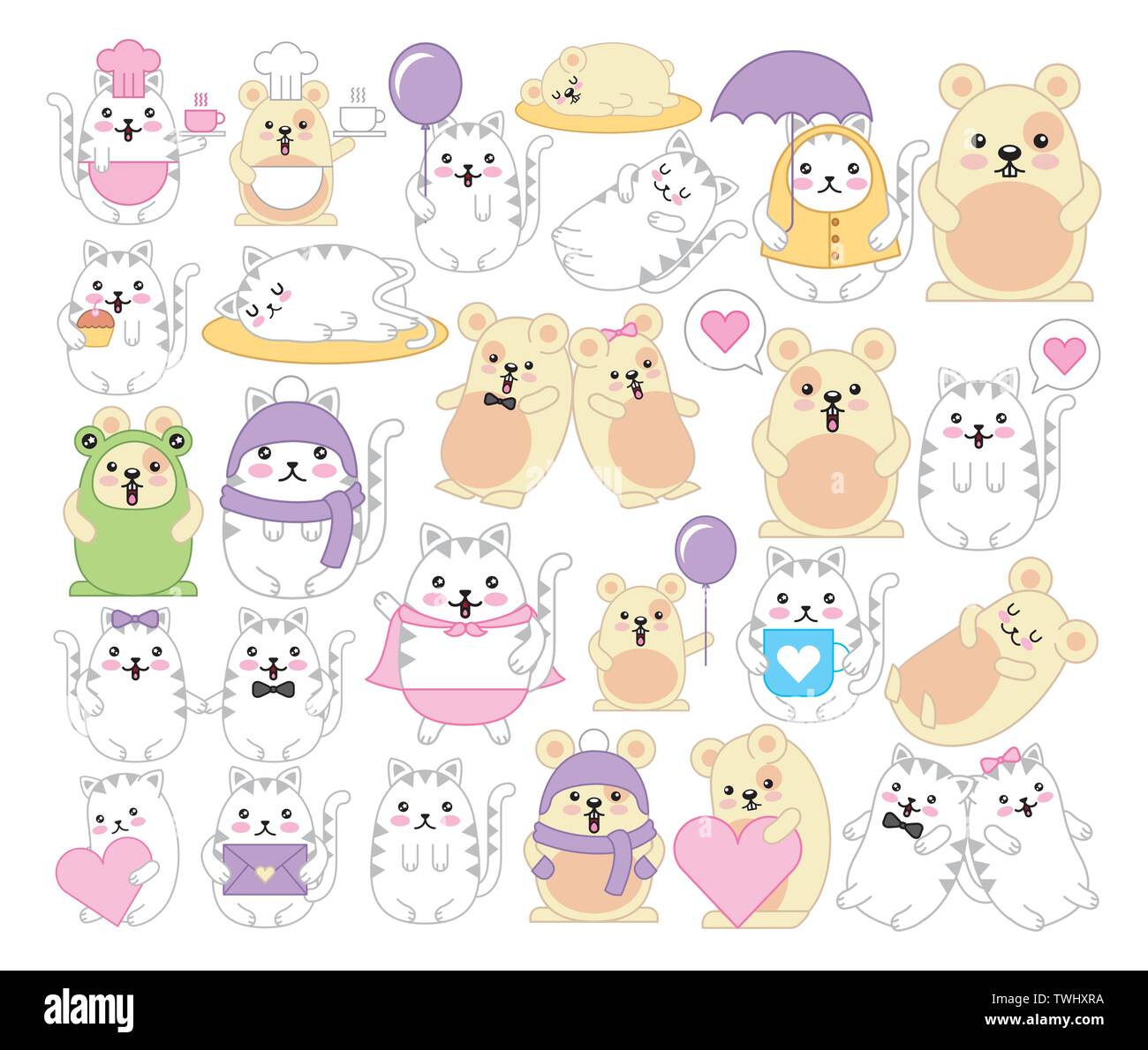 Bundle di gatti e mouse kawaii caratteri Illustrazione Vettoriale