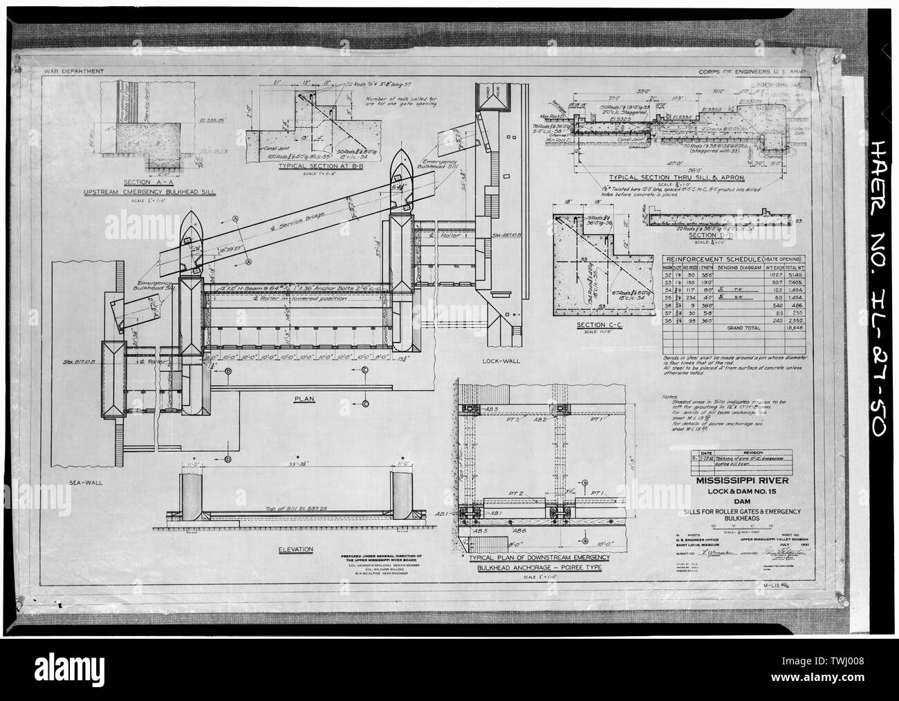 Davanzali per porte a rullo e paratie di emergenza. Luglio 1931 - Mississippi River 9 piedi Progetto di canale, bloccare e diga n. 15, superiore del fiume Mississipi (Arsenal Island), Isola Rock, rock Island County, IL; U.S. Esercito di ingegneri; S.A. Healy Company; Merrit-Chapman-Whitney Corporation; Ylvisaker, Lenvik; Piel, John H; McCormick, Herbert Foto Stock