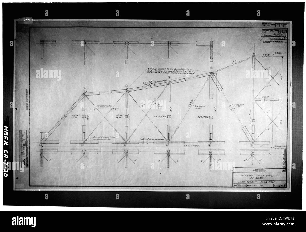 Foglio n. C-1935-7, intitolata "i dettagli di travatura reticolare Swing Span." - Colusa bridge spanning Sacramento River, Colusa, Colusa County, CA Foto Stock