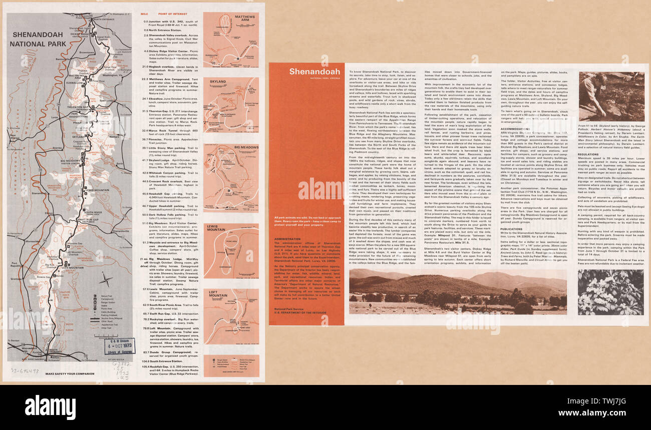 Inglese: Scala ca. 1:300.000. Titolo piegato: Parco Nazionale di Shenandoah, Virginia. Sollievo mostrato da hachures e altezze di spot. Include indice descrittivo e 5 ingrandimenti. Testo e illus. sul retro. Disponibile anche tramite la Biblioteca del Congresso sito Web come immagine raster. AACR2; Shenandoah National Park. Foto Stock