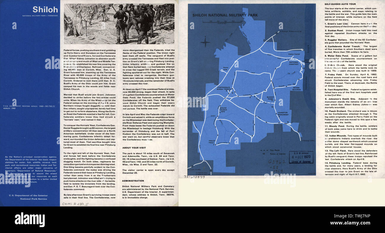 Inglese: Scala ca. 1:28.000. Titolo piegato: Shiloh National Military Park, Tennessee. LC Guerra civile mappe (2a ed.) 439,5 include indice descrittivo. Disponibile anche tramite la Biblioteca del Congresso sito Web come immagine raster. Testo e illus. sul retro. AACR2; Shiloh National Military Park. Foto Stock