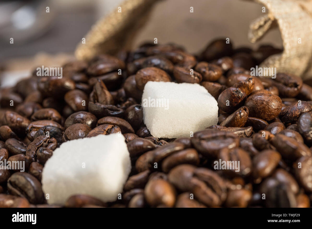I chicchi di caffè e cubetti di zucchero. Foto Stock
