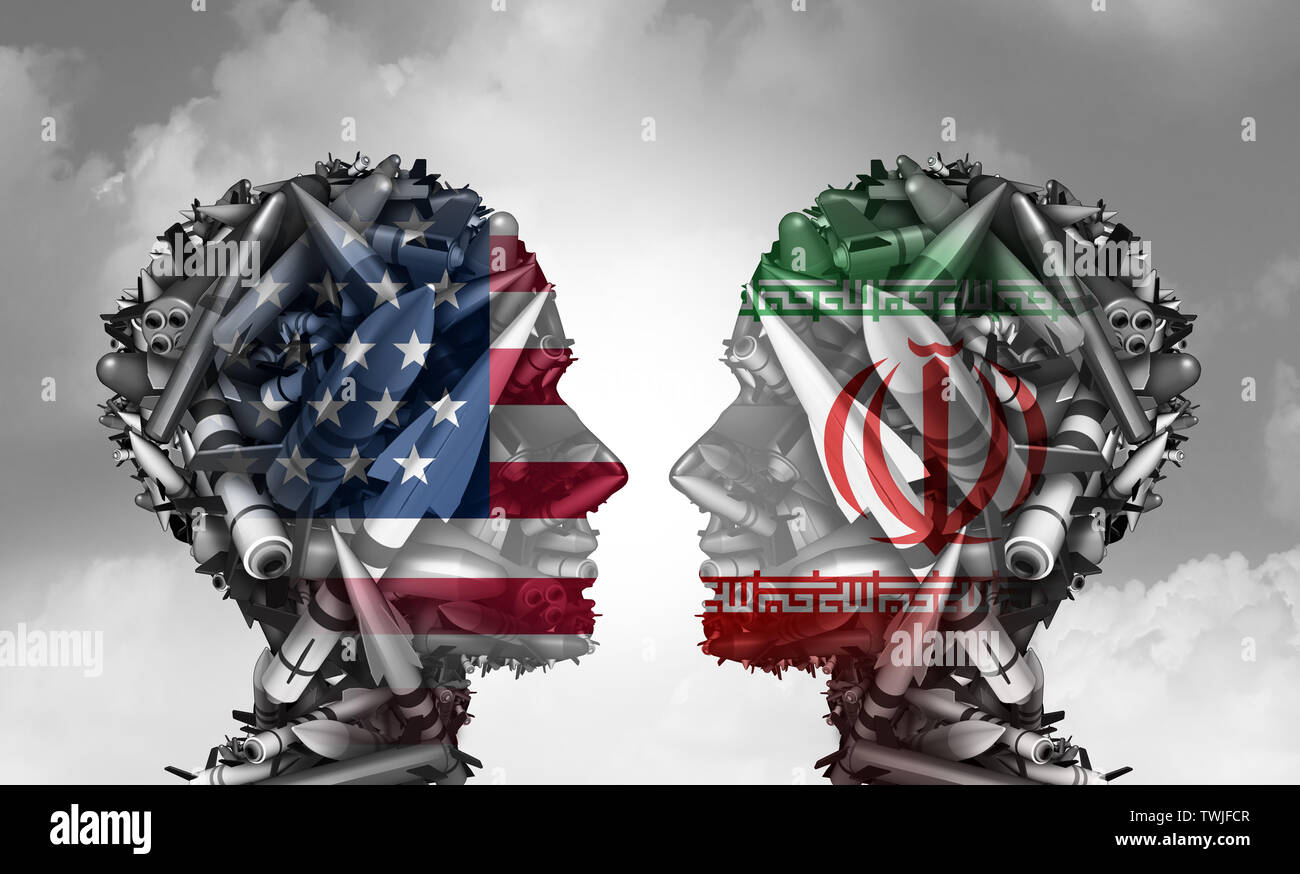 Iran missile statunitense conflitti e Stati Uniti in Medio Oriente il concetto di crisi come un americano e iraniani di problema di sicurezza a causa delle sanzioni economiche. Foto Stock