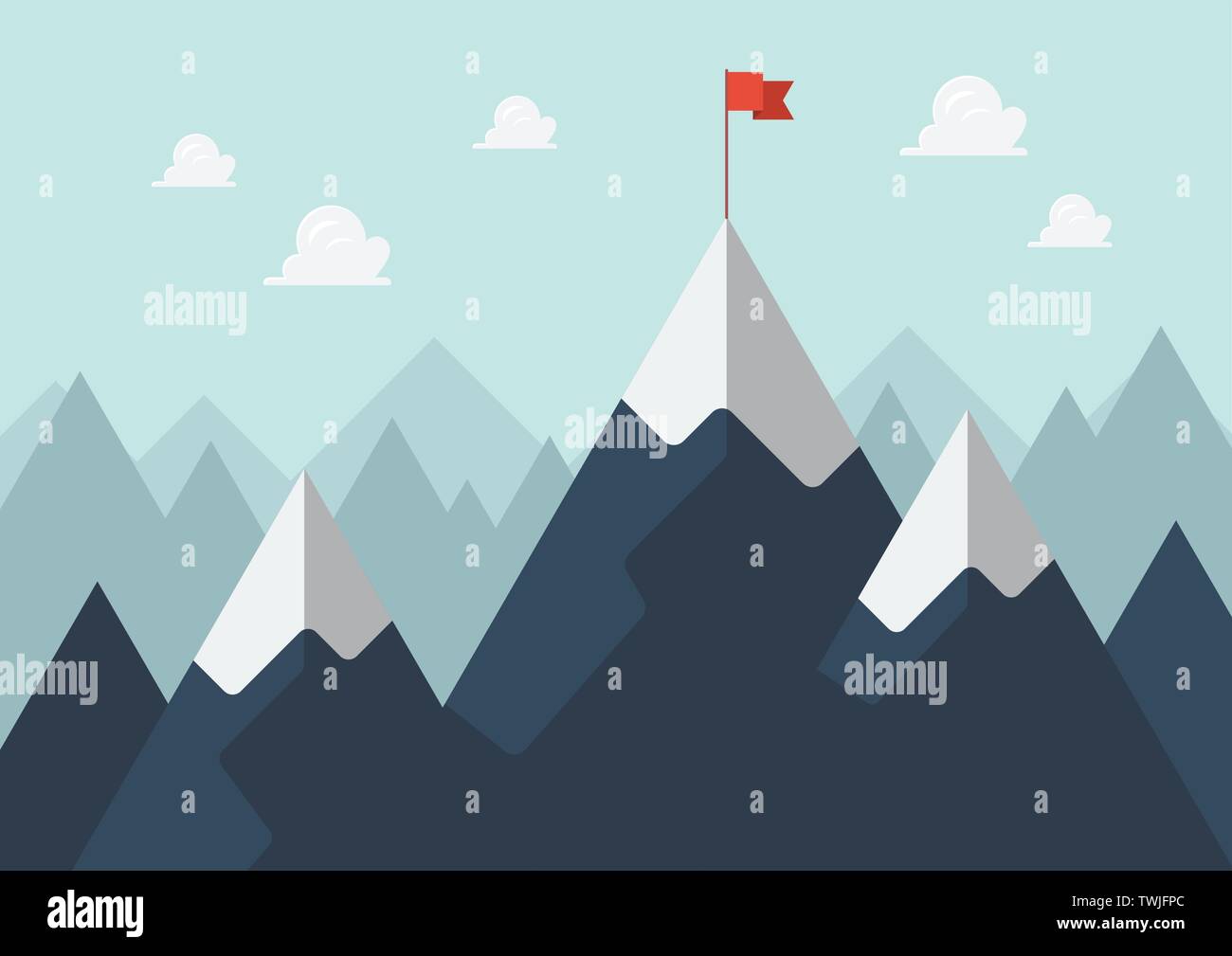 Bandiera rossa su un picco di montagna il concetto di successo. Illustrazione Vettoriale Illustrazione Vettoriale