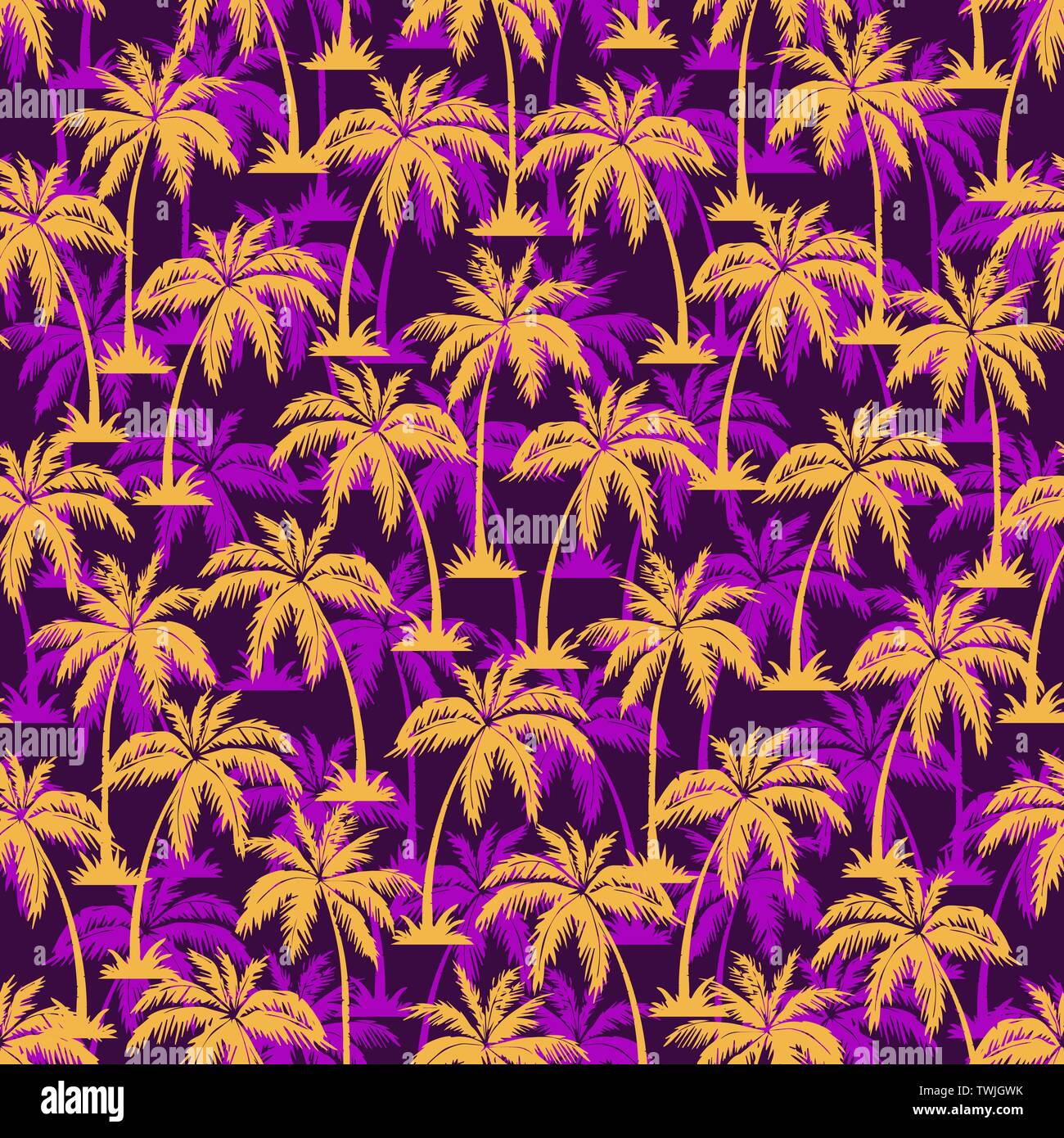Palm tree seamless pattern. Hawaiian palme motivo ripetitivo. Giallo su sfondo viola. Illustrazione Vettoriale. per stampare, tessile, web Illustrazione Vettoriale