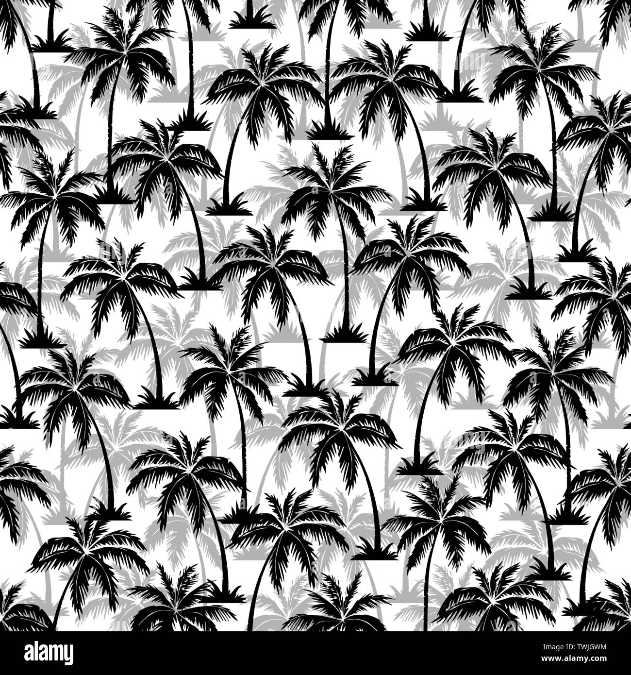 Palm tree seamless pattern. Hawaiian palme motivo ripetitivo. Nero su sfondo bianco. Illustrazione Vettoriale. per la stampa tessile, web, arredamento di casa Illustrazione Vettoriale