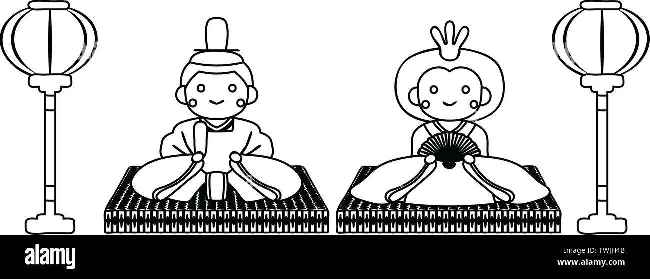 Si tratta di bambole e tatami e lanterne di carta utilizzati in giapponese festival chiamato Hinamatsuri. Illustrazione Vettoriale