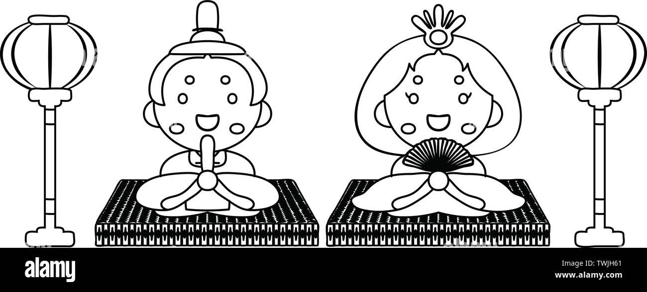 Si tratta di bambole e tatami e lanterne di carta utilizzati in giapponese festival chiamato Hinamatsuri. Illustrazione Vettoriale