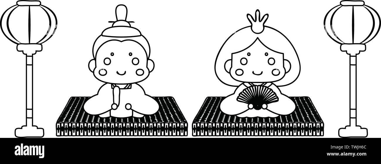 Si tratta di bambole e tatami e lanterne di carta utilizzati in giapponese festival chiamato Hinamatsuri. Illustrazione Vettoriale
