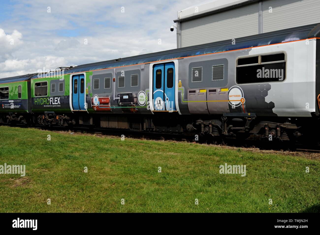 Il nuovo Hydroflex cella a combustibile idrogeno test train costruito dall'Università di Birmingham in esposizione presso il Rail Live! Industria ferroviaria trade show, XX giugno 2019 Foto Stock