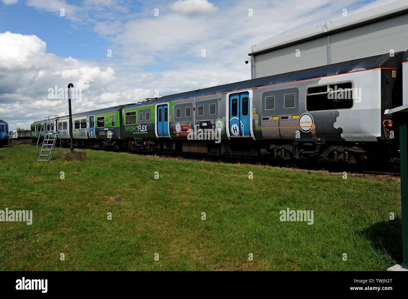 Il nuovo Hydroflex cella a combustibile idrogeno test train costruito dall'Università di Birmingham in esposizione presso il Rail Live! Industria ferroviaria trade show, XX giugno 2019 Foto Stock