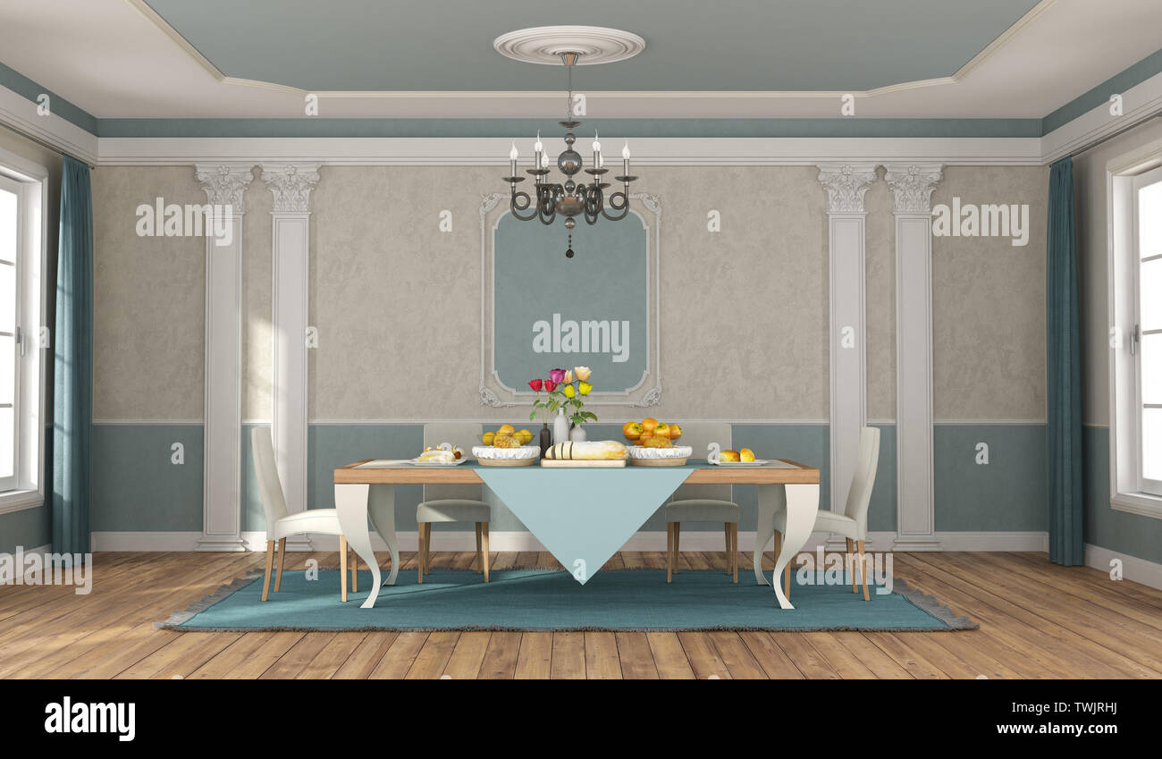 Blu e beige dininig camera con elegante set di tavolo e sedie in stile classico - 3d rendering Foto Stock