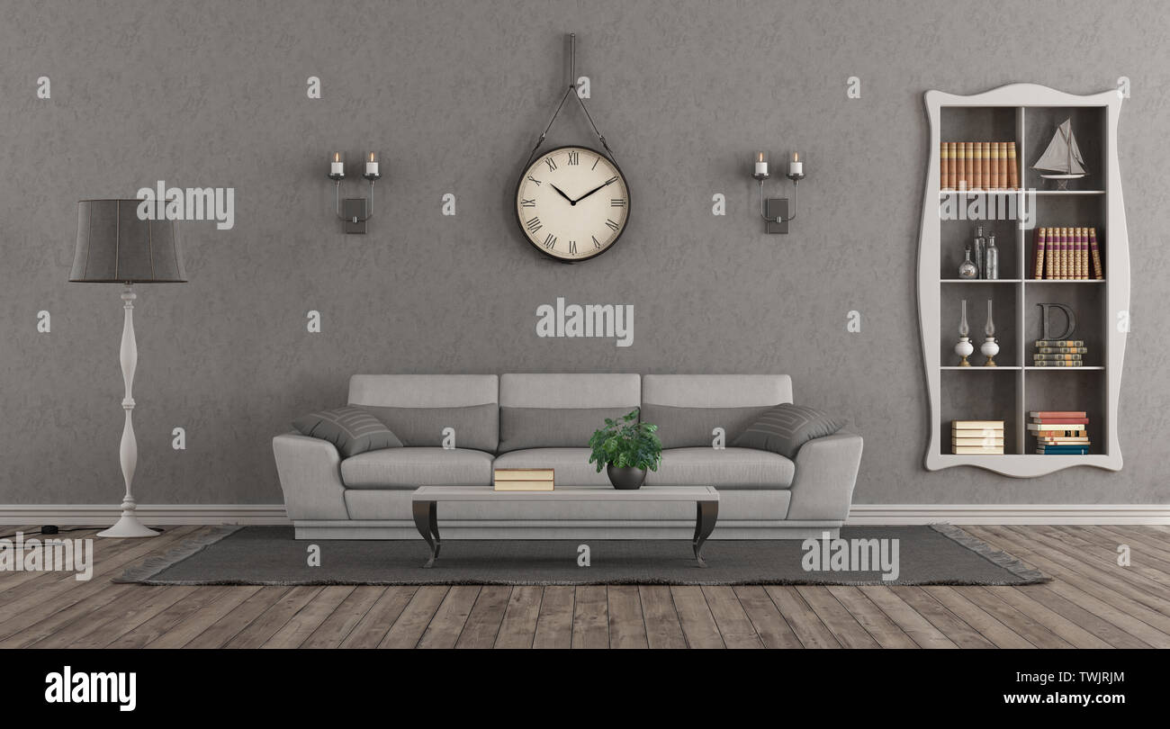 Gary elegante soggiorno con divano e una nicchia con libri - 3d rendering Foto Stock