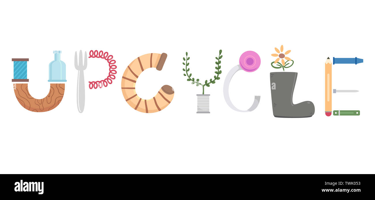 Illustrazione di Upcycle scritte realizzate in materiali diversi dalla forcella per stivali a matita Foto Stock