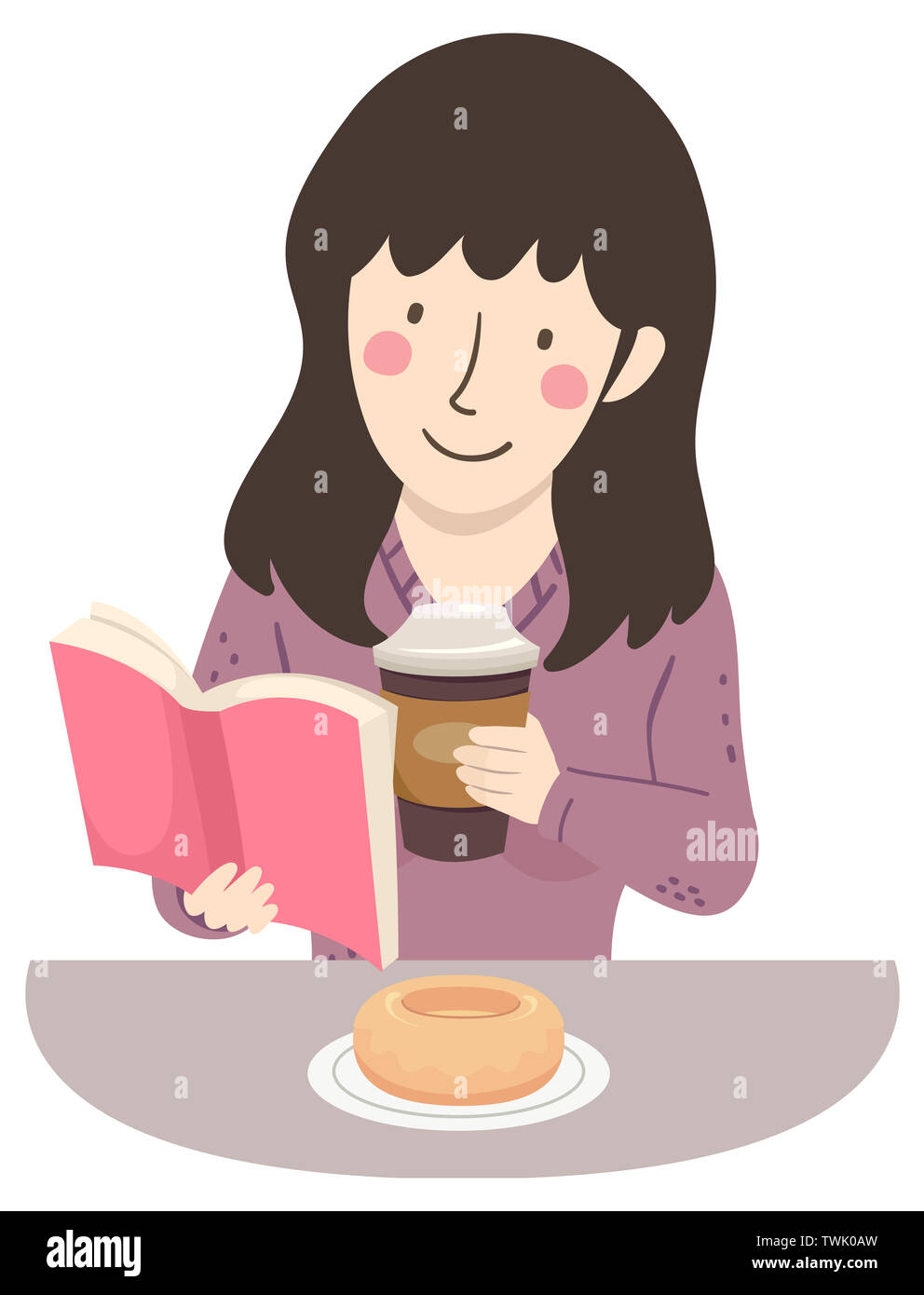 Illustrazione di una ragazza la lettura di un libro e di azienda con caffè e ciambelle sulla piastra Foto Stock
