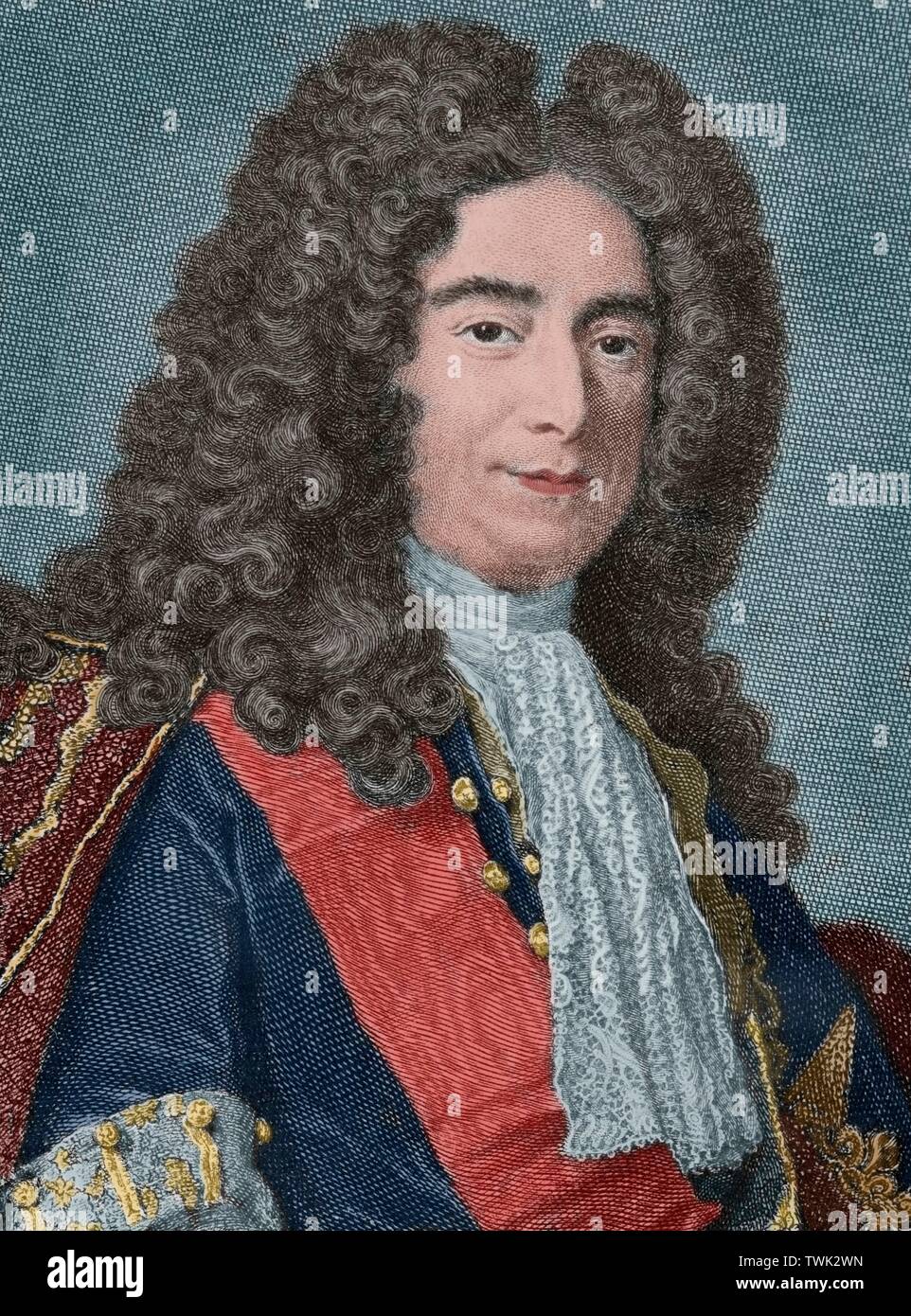 Retrato de Claude Le Blanc (1669-1728). Funcionario real francés del antiguo régimen. Secretario de Estado para la guerra. Grabado coloreado. Historia de Polibio. Tomo I. Edición francesa traducida del griego por Dom Vincent Thuillier. Comentarios o Cuerpos de Ciencia Militar enriquecidos con notas críticas e histórica por M. de Folard. París, Chez Pierre Gandouin, Julien-Michel Gandouin, Pierre-François Giffart y Nicolas-Pierre Armand, 1727. Imprenta de Jean-Baptiste Lamesle. Foto Stock