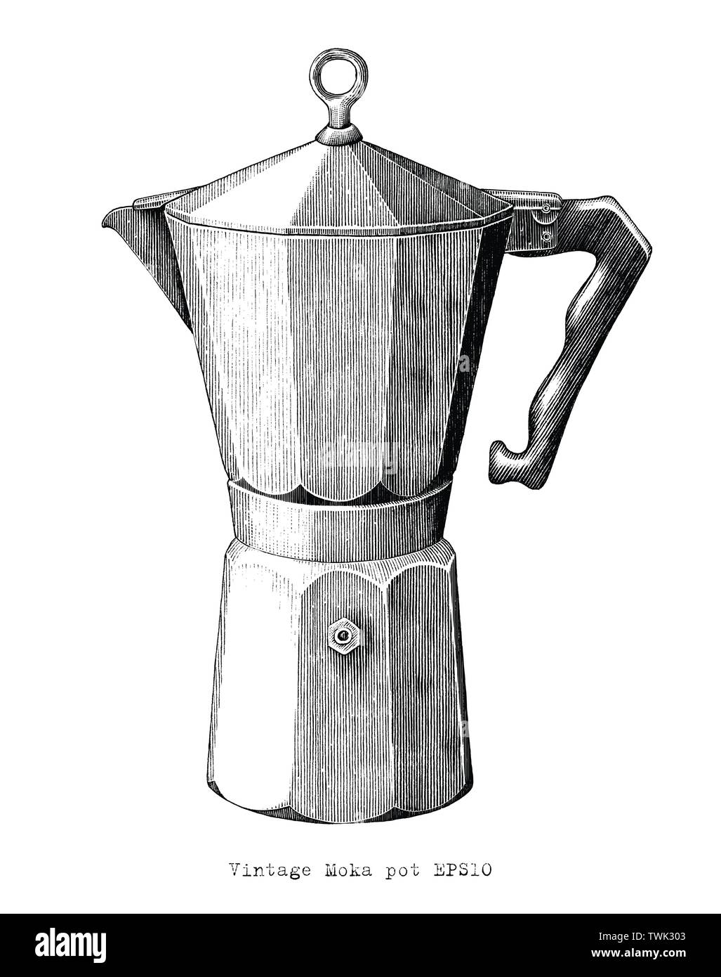 Incisione Antica illustrazione di Moka pot in bianco e nero di clipart isolati su sfondo bianco Illustrazione Vettoriale