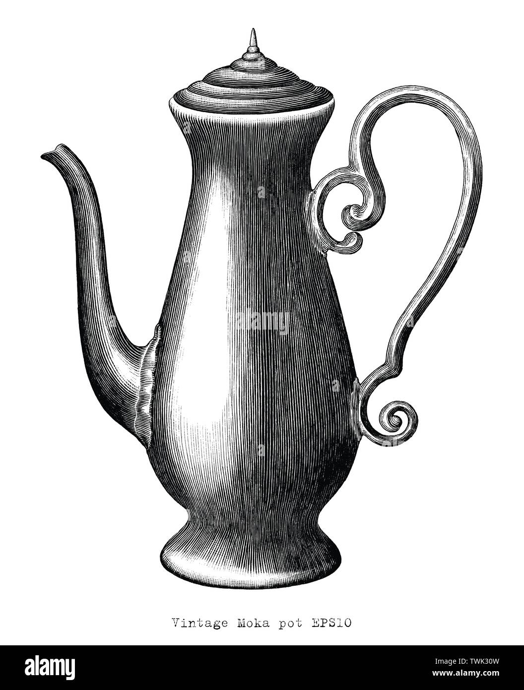 Incisione Antica illustrazione di Moka pot in bianco e nero di clipart isolati su sfondo bianco Illustrazione Vettoriale
