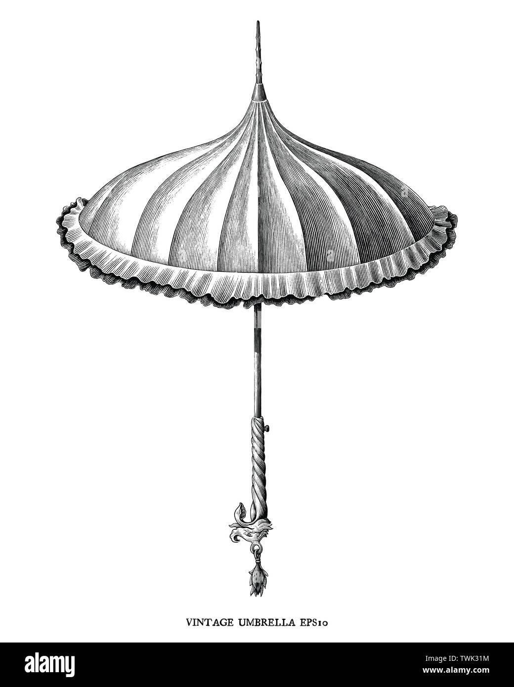 Antica incisione illustrazione vintage stile di ombrellone bianco e nero clip art isolati su sfondo bianco Illustrazione Vettoriale