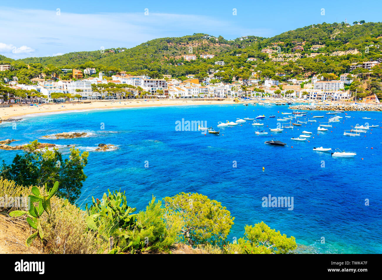 Bella Baia con barche sul mare e la vista del villaggio di Llafranc, Costa Brava, Spagna Foto Stock