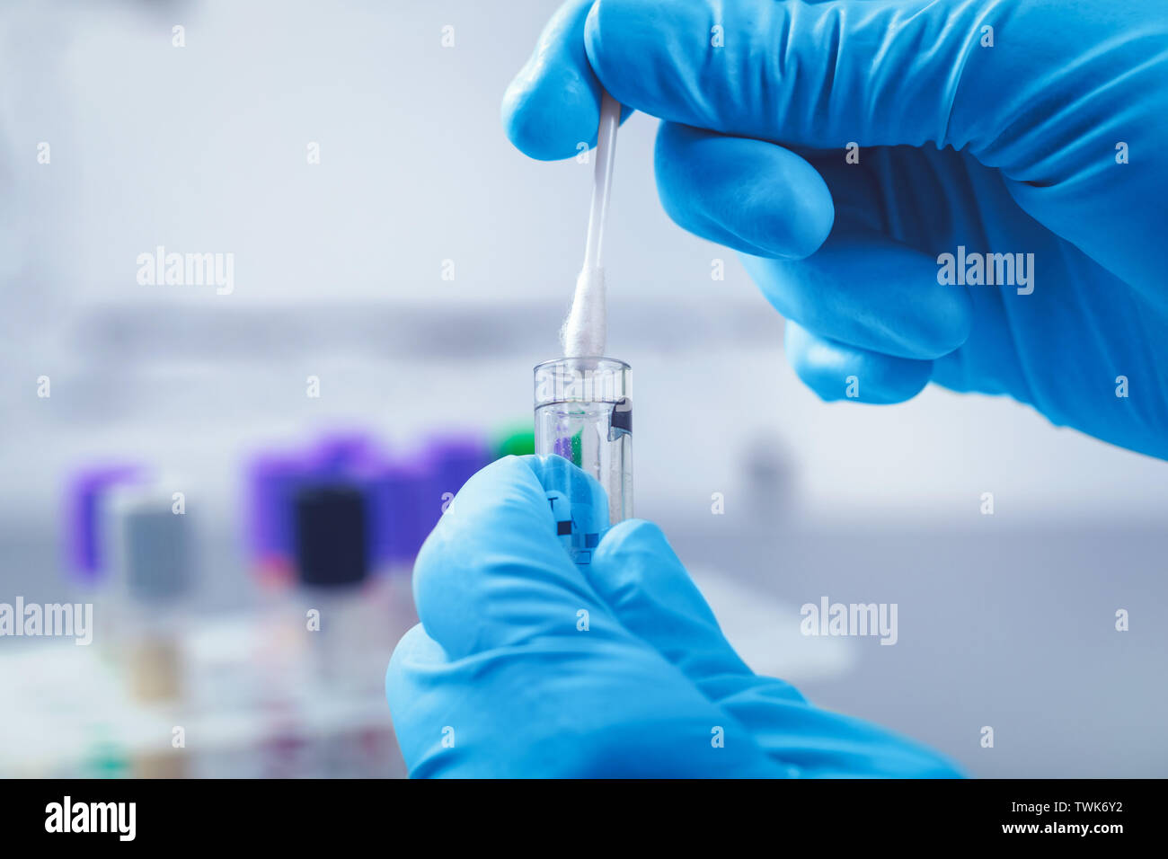 Scienziato in lab raccogliere un campione di dna in provetta con un batuffolo di cotone Foto Stock