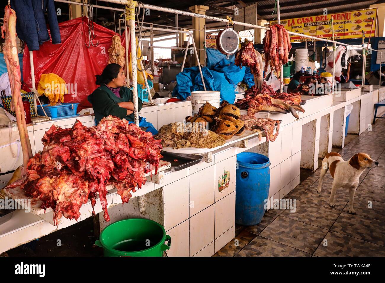 Cusco, Perù. 02Maggio, 2019. Nella sala del mercato di San Pedro, la carne e le salsicce sono venduti senza refrigerazione. Cani tra gli alimenti non sono infrequenti. Credito: Tino Plunert/dpa-Zentralbild/ZB/dpa/Alamy Live News Foto Stock