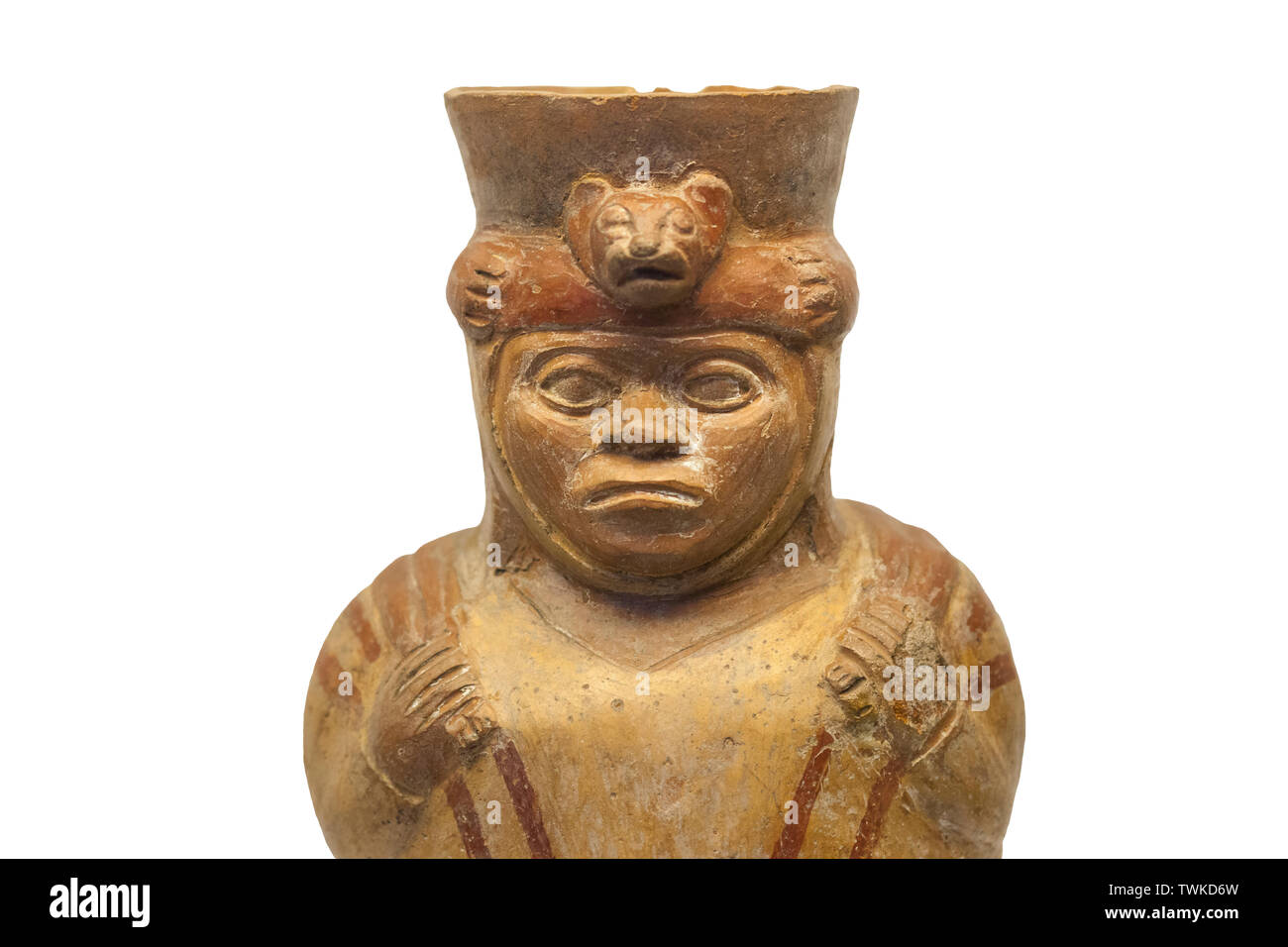 Madrid, Spagna - Settembre 8th, 2018: Mochica vaso raffigurante un cacciatore o huaco. Museo delle Americhe, Madrid, Spagna Foto Stock