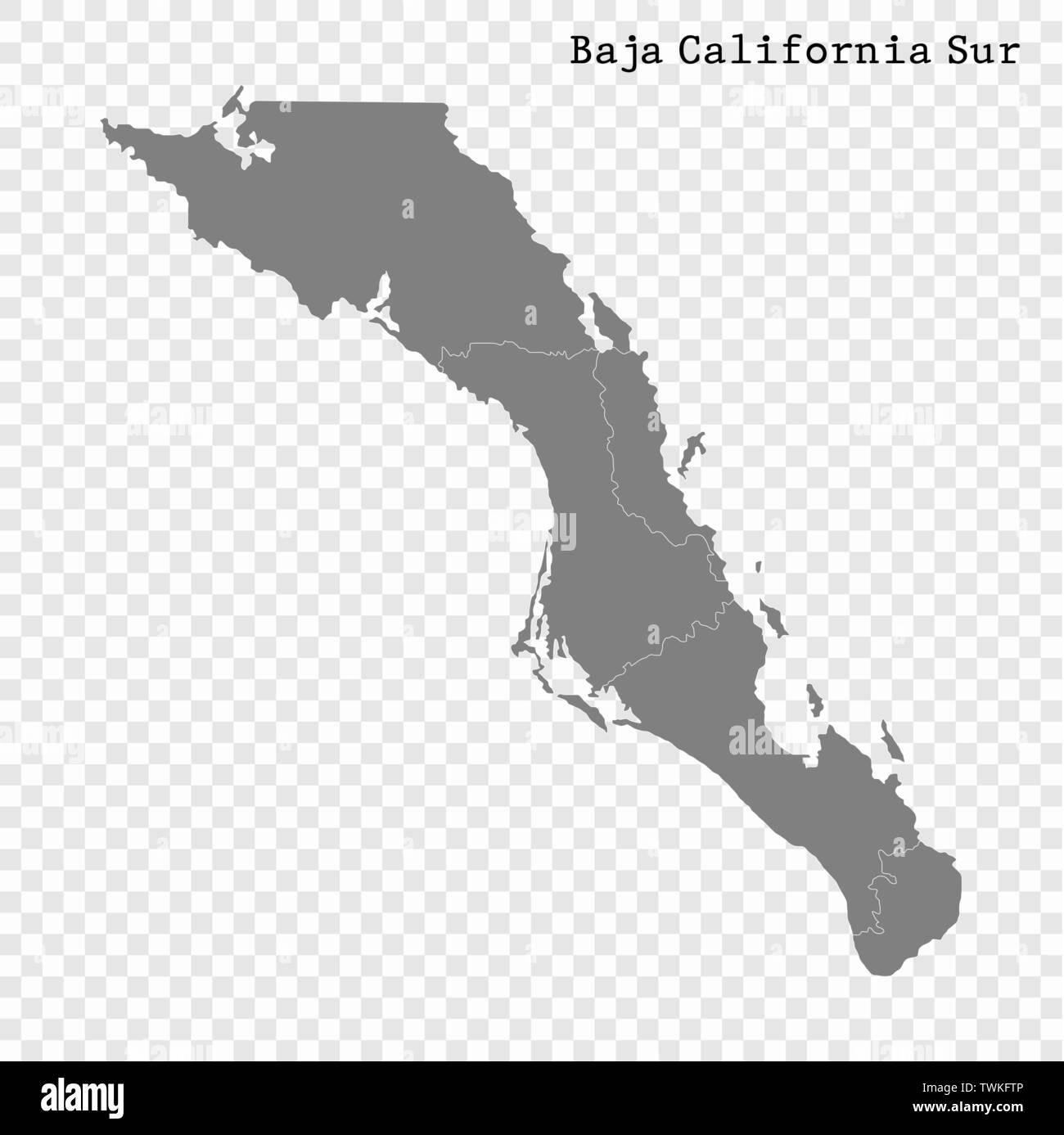 Alta qualità mappa di Baja California Sur è uno stato del Messico, con confini dei comuni Illustrazione Vettoriale