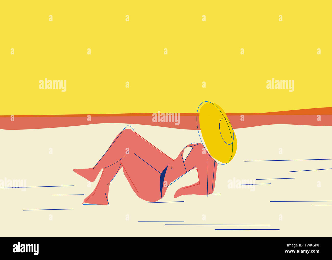 Godetevi l'estate. Donna con giallo pamela hat giacciono su una spiaggia godendosi il sole. Estate concettuale il momento illustrazione con colori caldi, giallo e arancione. Foto Stock