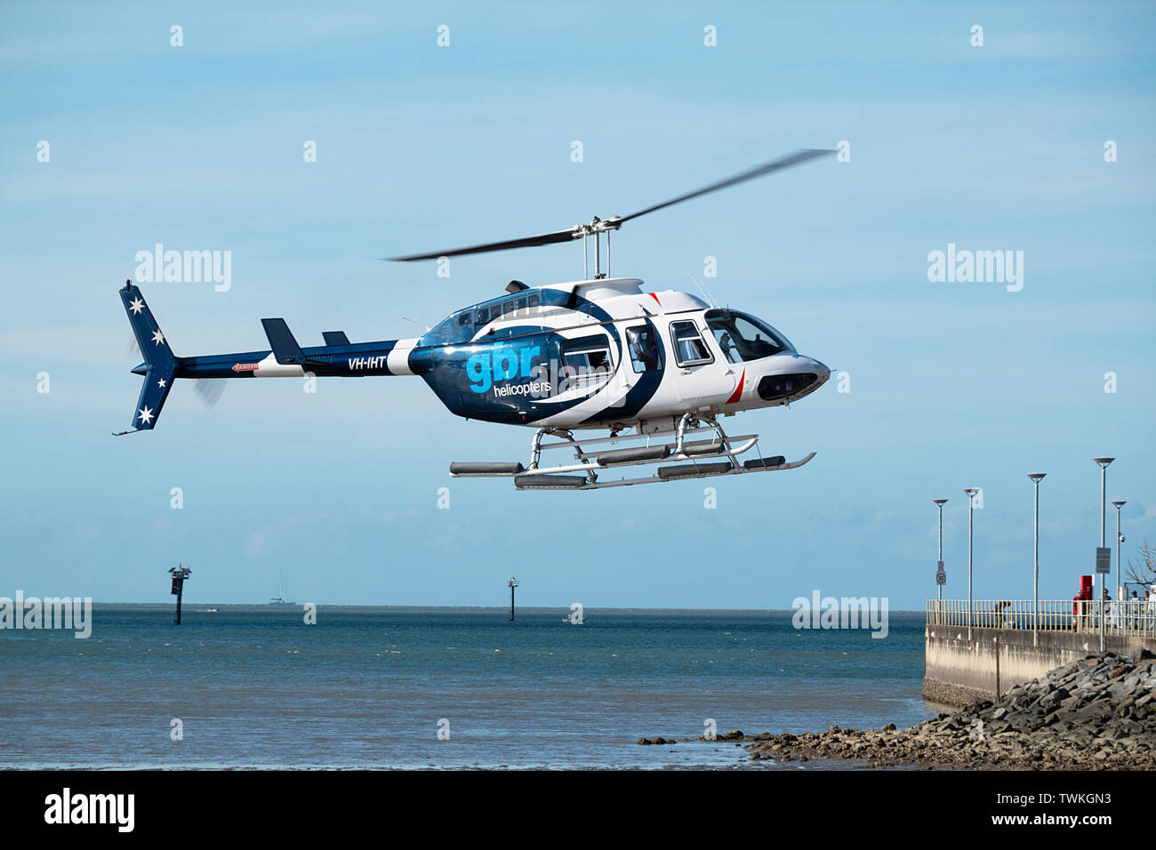 Un volo panoramico in elicottero GBR in arrivo a terra, Cairns, estremo Nord Queensland, FNQ, QLD, Australia Foto Stock