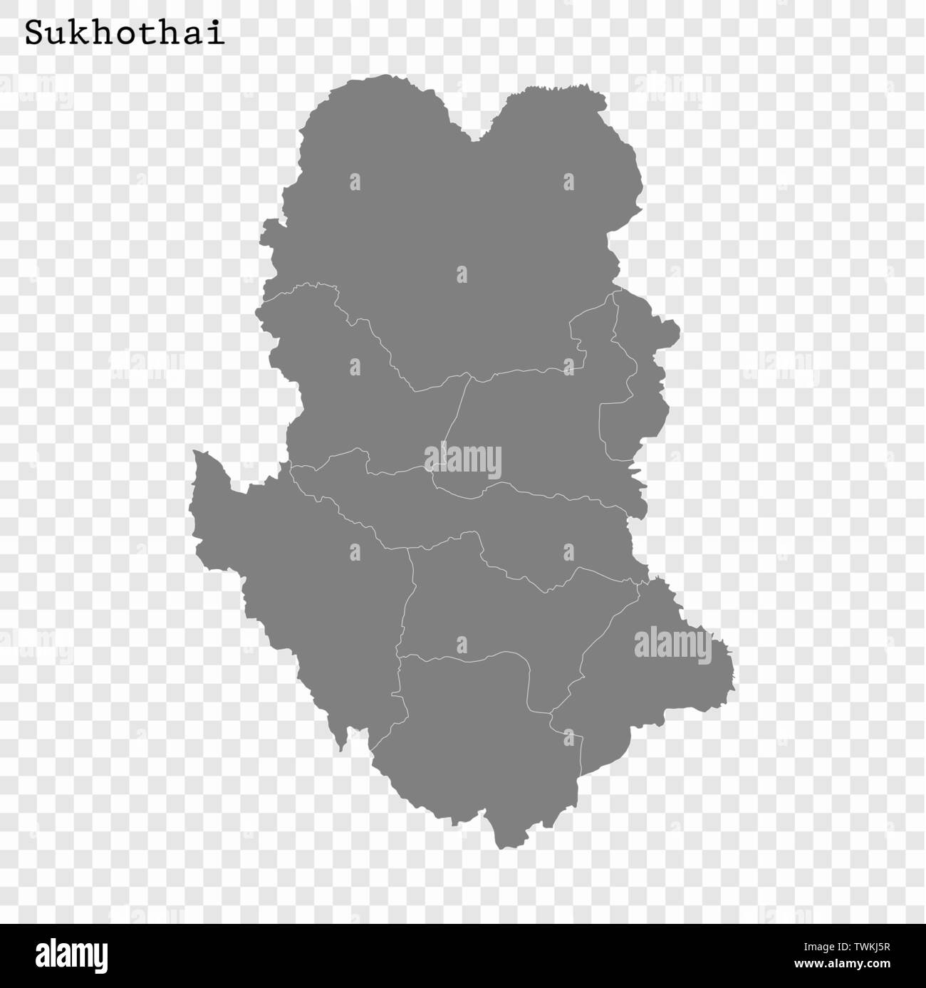 Alta qualità mappa di Sukhothai è una provincia della Thailandia, con i confini dei distretti Illustrazione Vettoriale