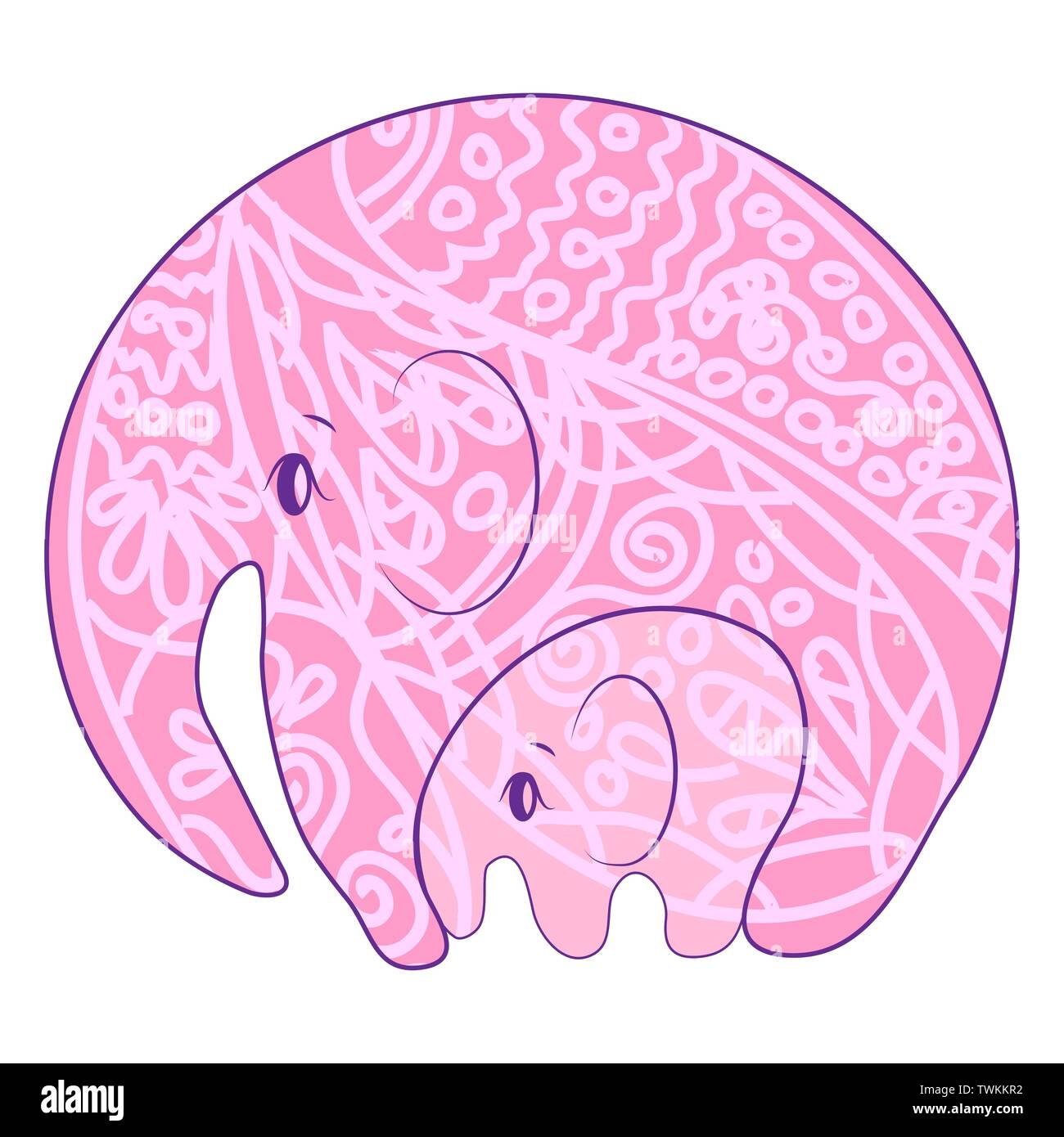 India - prezzemolo modellato, elefante indiano orientale e icona illustrazione. elephant mama con il rosa baby insieme, amore, famiglia Illustrazione Vettoriale