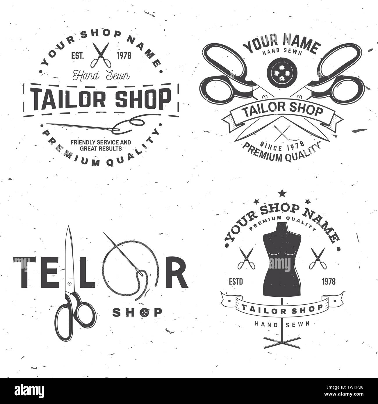 Set di sartoria badge. Illustrazione Vettoriale concetto per T-shirt, stampa etichetta di timbro o di raccordo a t. Vintage design tipografia con ago di cucitura e forbici silhouette. Design retrò per cucire shop business Illustrazione Vettoriale