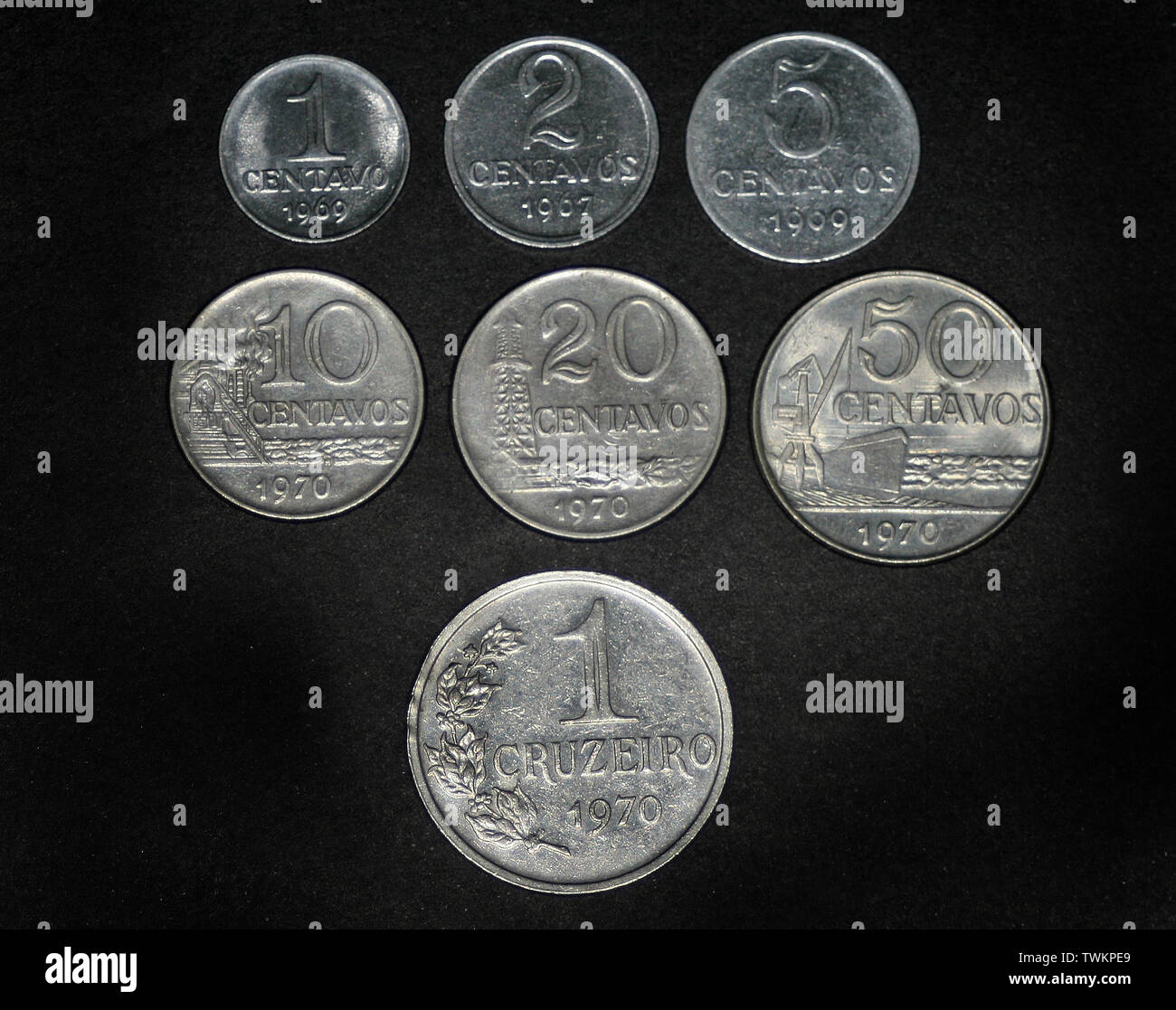Brasile 1, 2, 5 centavos (1969-1975). 10, 20, 50 centavos (1970-1975) e 1 cruzeiro (1970) Foto Stock
