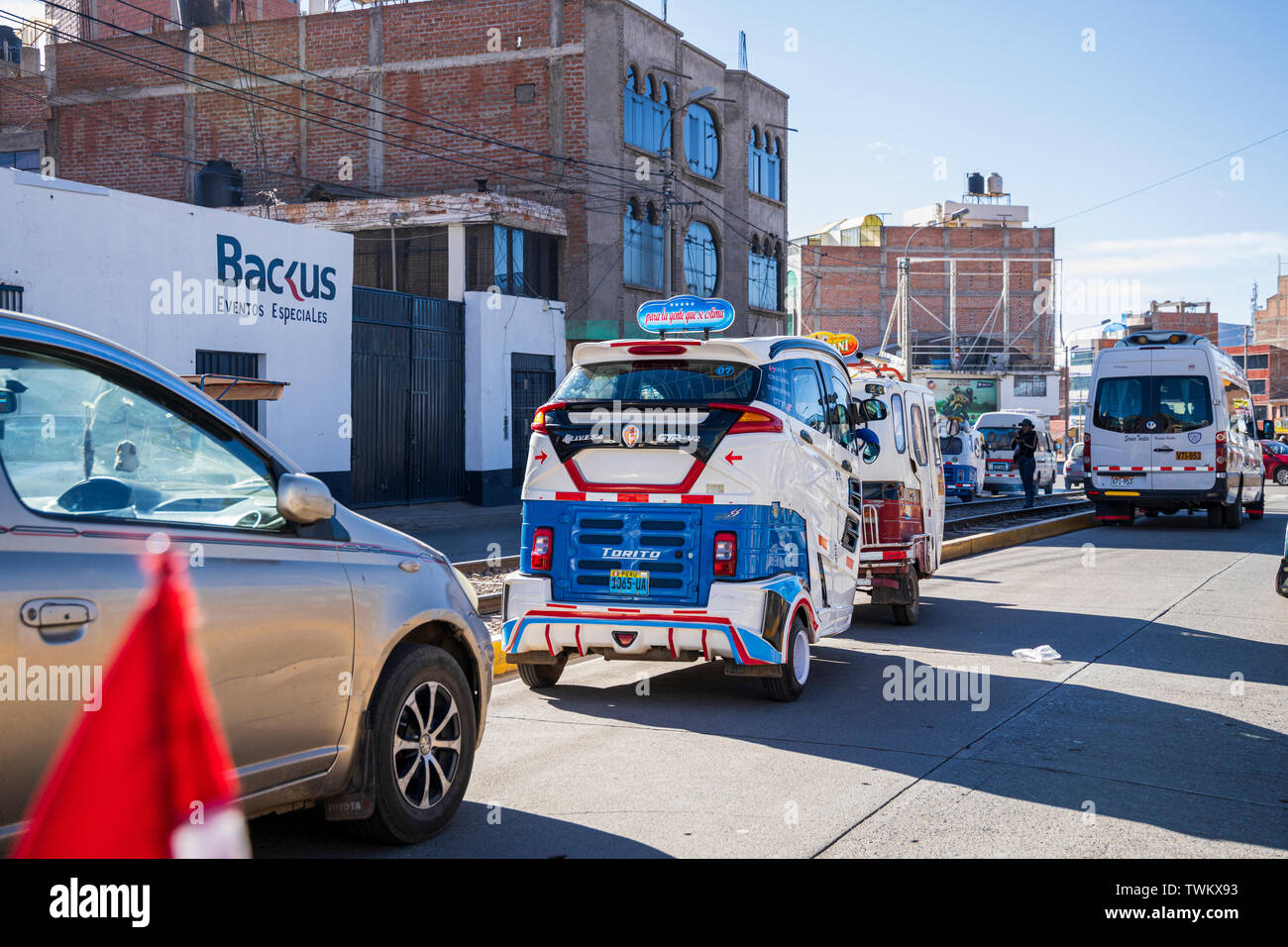 Motorizzata moderno tuk tuks a Puno, Perù, Sud America Foto Stock