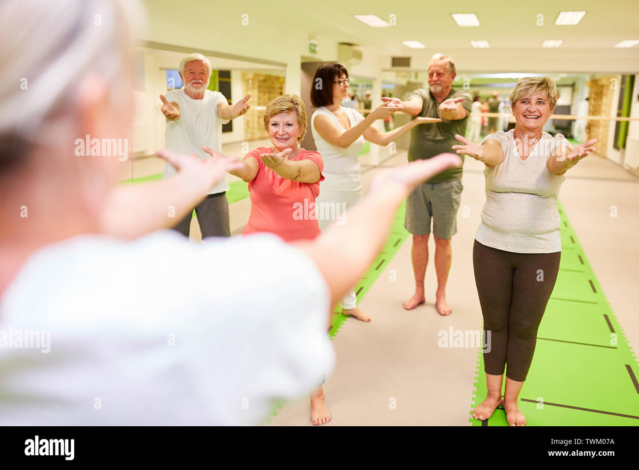 Seniors esercizio in un corso di esercizi in riabilitazione con cura in pullman Foto Stock