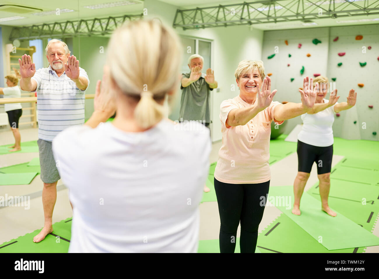 Seniors vitale fare esercizi per la schiena con trainer o fisioterapista come riabilitazione Foto Stock