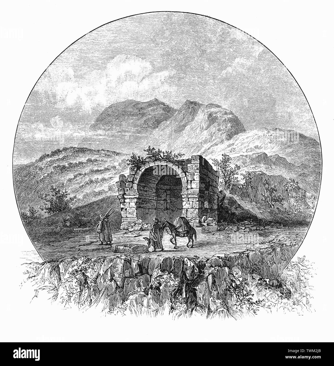 Xix secolo vista del monte Zagros nei monti Zagros, una lunga catena montuosa che inizia nel nordovest della Persia (Iran) e segue approssimativamente il confine occidentale, mentre copre gran parte del sud-est della Turchia e Iraq nordorientale. Durante i primi anni di antichità, Zagros fu la casa di popoli come i Kassites, Guti, Elamiti e Mitanni, che periodicamente hanno invaso i Sumeri e/o accadico città della Mesopotamia. Le montagne creano una barriera geografica tra la pianura mesopotamica in Iraq e l'altopiano iraniano. Foto Stock