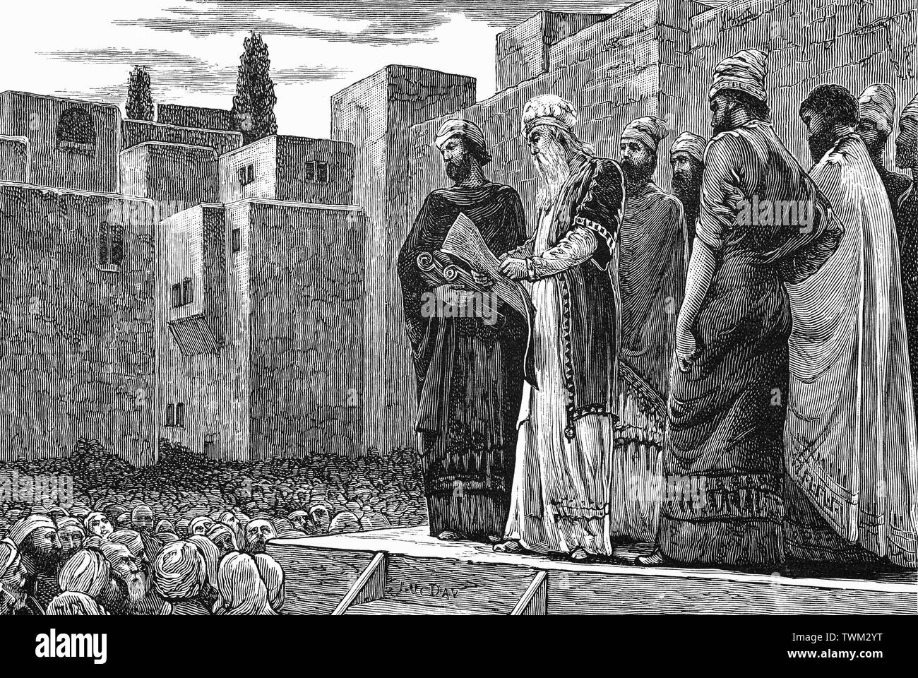 Esdra (480-440 BCE), ebraica scribe e sacerdote la lettura della Torah o legge per gli ebrei di Gerusalemme. Il libro di Esdra descrive come ha guidato un gruppo di esuli della Giudea che vivono in Babilonia la loro casa di città di Gerusalemme dove egli è detto di avere applicato l' osservanza della Torah. Egli è stato descritto come esortare il popolo israelita per assicurarsi di seguire la Torah legge in modo tale da non intermarry con persone di particolare di diverse religioni. Foto Stock