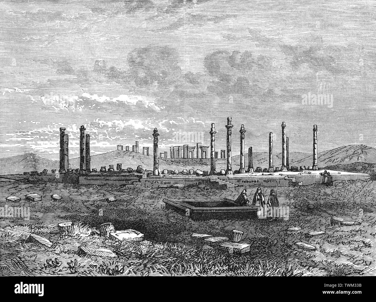 Xix secolo vista di Persepolis il cerimoniale di capitale dell'Impero Achemenide (ca. 550-330 BCE), situata a 60 km a nord-est della città di Shiraz nel far Provincia, Iran. Dopo aver invaso la Persia Achemenide nel 330 A.C. Alessandro il Grande inviato la principale forza del suo esercito di Persepolis e saccheggiato la città. Non è chiaro se l'incendio che distrusse Persepoli era vittima di un incidente o di un atto deliberato di vendetta per la combustione dell'Acropoli di Atene durante la seconda invasione persiana della Grecia. Così, la distruzione di Persepolis potrebbe essere sia un incidente e un caso di vendetta. Foto Stock
