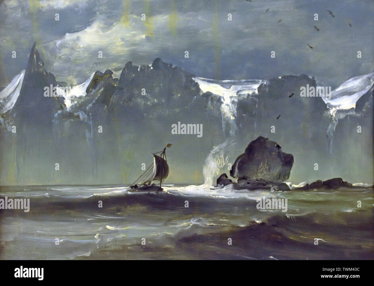 Vista di Altona- una barca ( Ottring ) sotto la montagna le sette sorelle Peder Balke 1804 - 1887 pittore norvegese.(egli è conosciuto per raffigurante il paesaggio della Norvegia in un romantico e drammatico ) Norvegia. Foto Stock