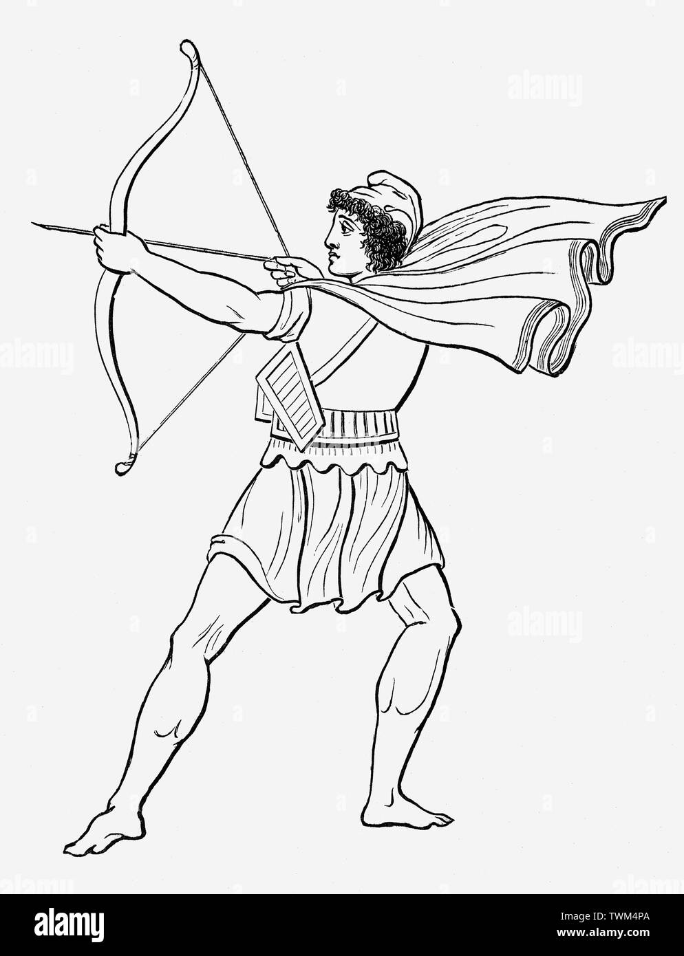 Parigi, aka Alexander, il figlio del re di Troia Priamo e della regina Ecuba, con un inchino. Probabilmente il più noto è stato il suo elopement con Helen, regina di Sparta, essendo questa una delle cause immediate della guerra di Troia( XII o XIII secolo a.e.v.). Più tardi la guerra, egli fatalmente ferite Achille a tallone con una freccia come preannunciato da Achille della madre, Thetis. Foto Stock