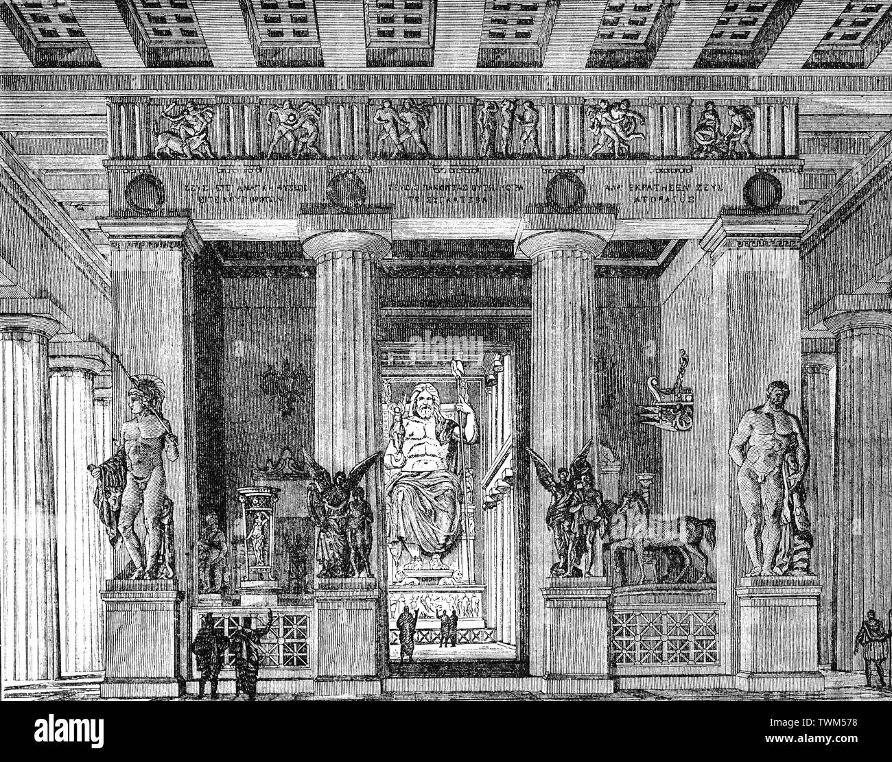 Una illustrazione del tempio di Zeus in quanto potrebbero avere guardato nel V secolo A.C. Olympia, una piccola cittadina in Elis sulla penisola del Peloponneso, in Grecia, famosa per il vicino sito archeologico con lo stesso nome e che è stato un importante panellenica religioso santuario della Grecia antica, dove i giochi olimpici antichi furono detenuti. Il sito è stato principalmente dedicato a Zeus e ha attirato visitatori da tutto il mondo greco come parte di un gruppo di tali "Panellenica' centri che hanno contribuito a costruire l'identità degli antichi Greci come nazione. Foto Stock