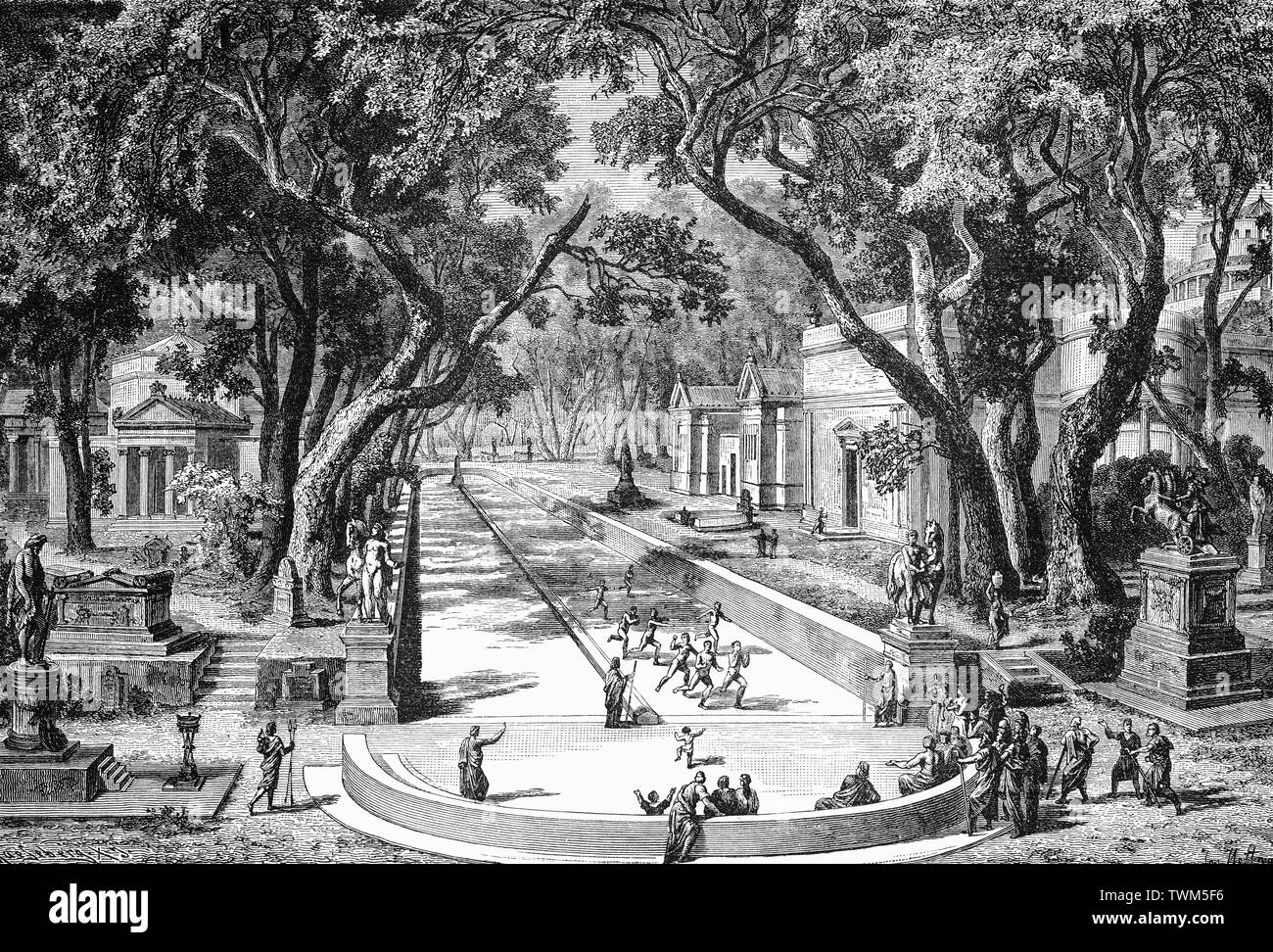 Il dromos di Sparta, un ruolo di città-stato nella Grecia antica sulle rive del fiume Eurotas in Laconia nel sud-est del Peloponneso. Intorno al 650 a.C., è salito a diventare dominante nel terreno militare-potenza nella Grecia antica. Il V secolo a.c. dromos, Racecourse e palestre era un corso per piedi gare dove i giovani spartani erano stati integrati nella città offrendo sacrifici presso la statua di Eracle quando hanno raggiunto l'età adulta. Foto Stock