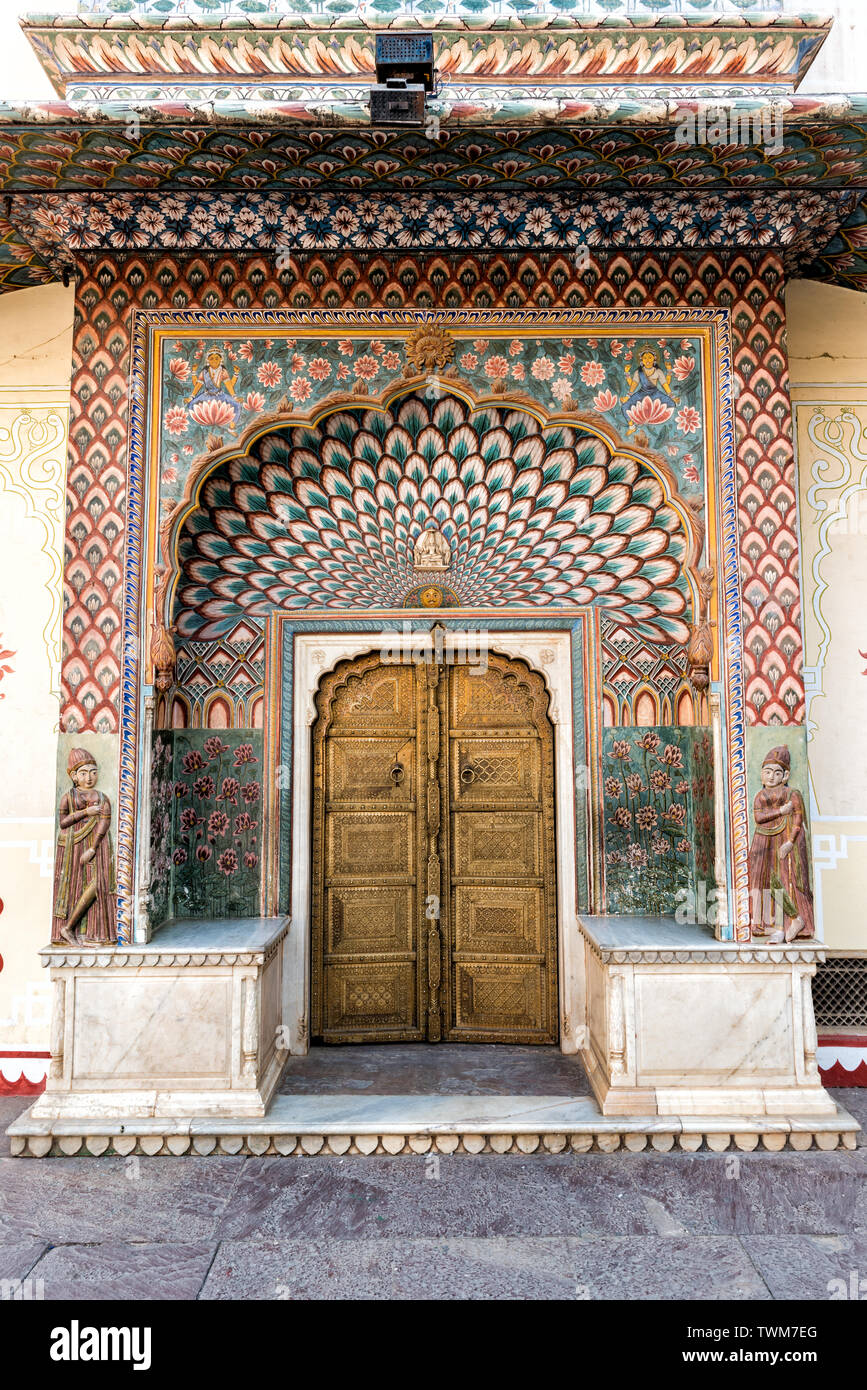 Peacock Gate del palazzo di città di Jaipur Foto Stock