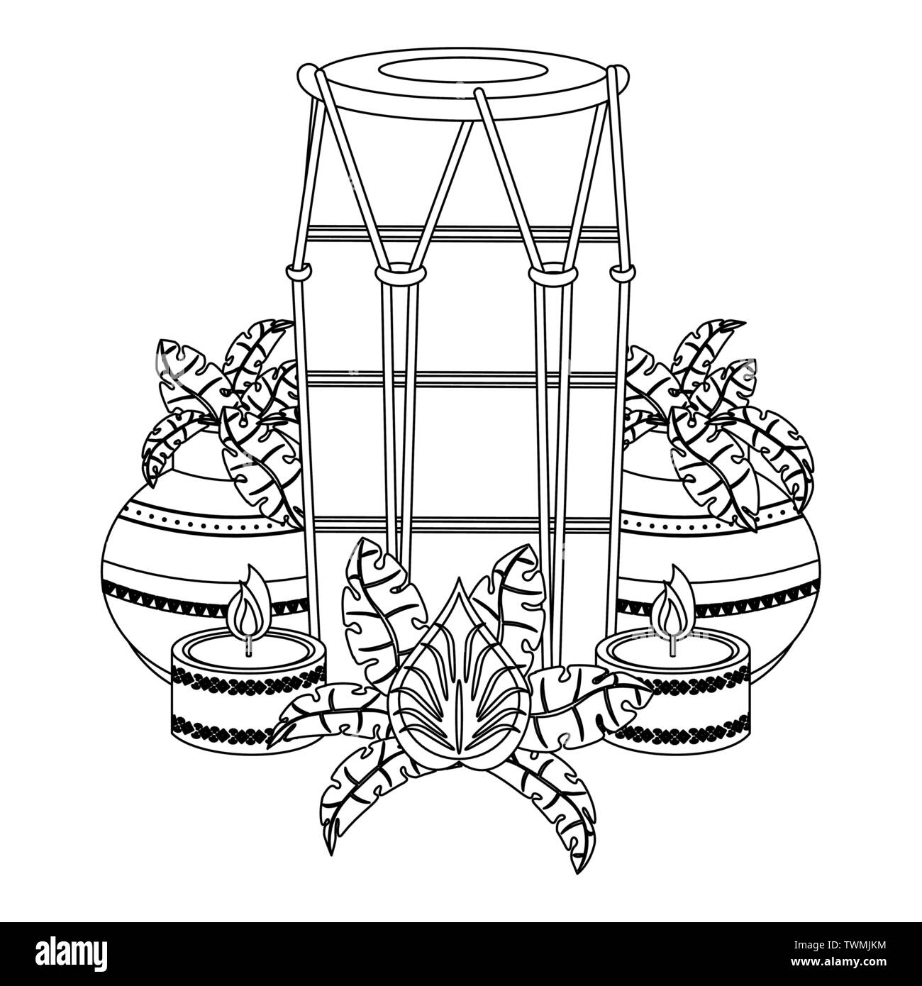 Tabla indiane tamburo e vasi per piante con candele in bianco e nero Illustrazione Vettoriale