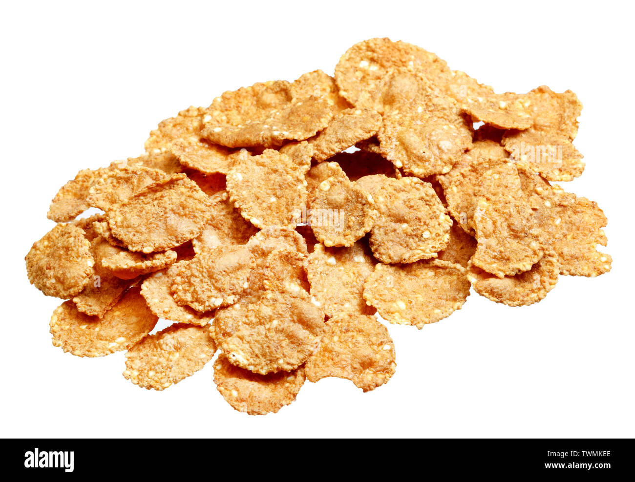 Cornflakes colazione a secco. Scaglie giallo mazzetto isolati su sfondo bianco. Fiocchi di mais top view su sfondo bianco. Foto Stock