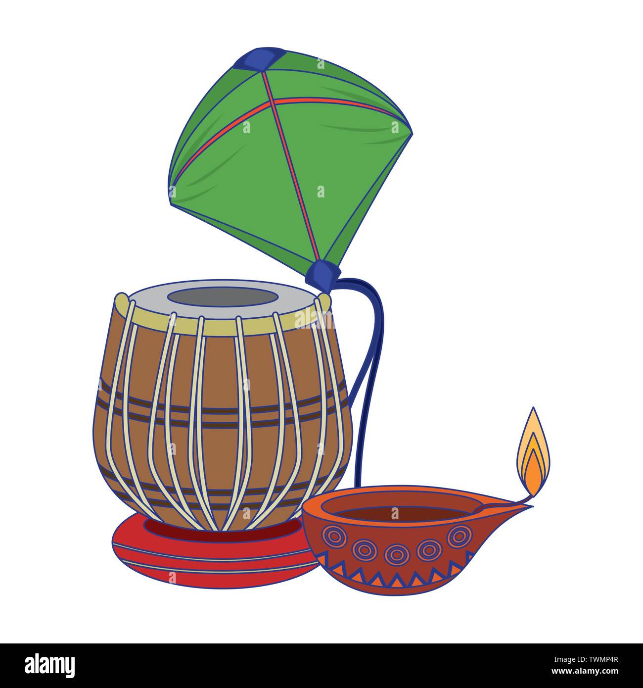 Tabla indiane tamburo con il kite e candela olio linee blu Illustrazione Vettoriale